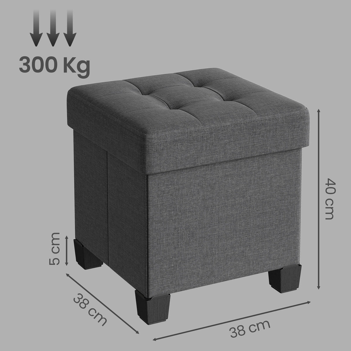 Pouf pliable gris ardoise – 38 x 38 x 40 cm, petit repose-pieds et tabouret de rangement, supporte 300 kg – compact pour salon, chambre ou dortoir
