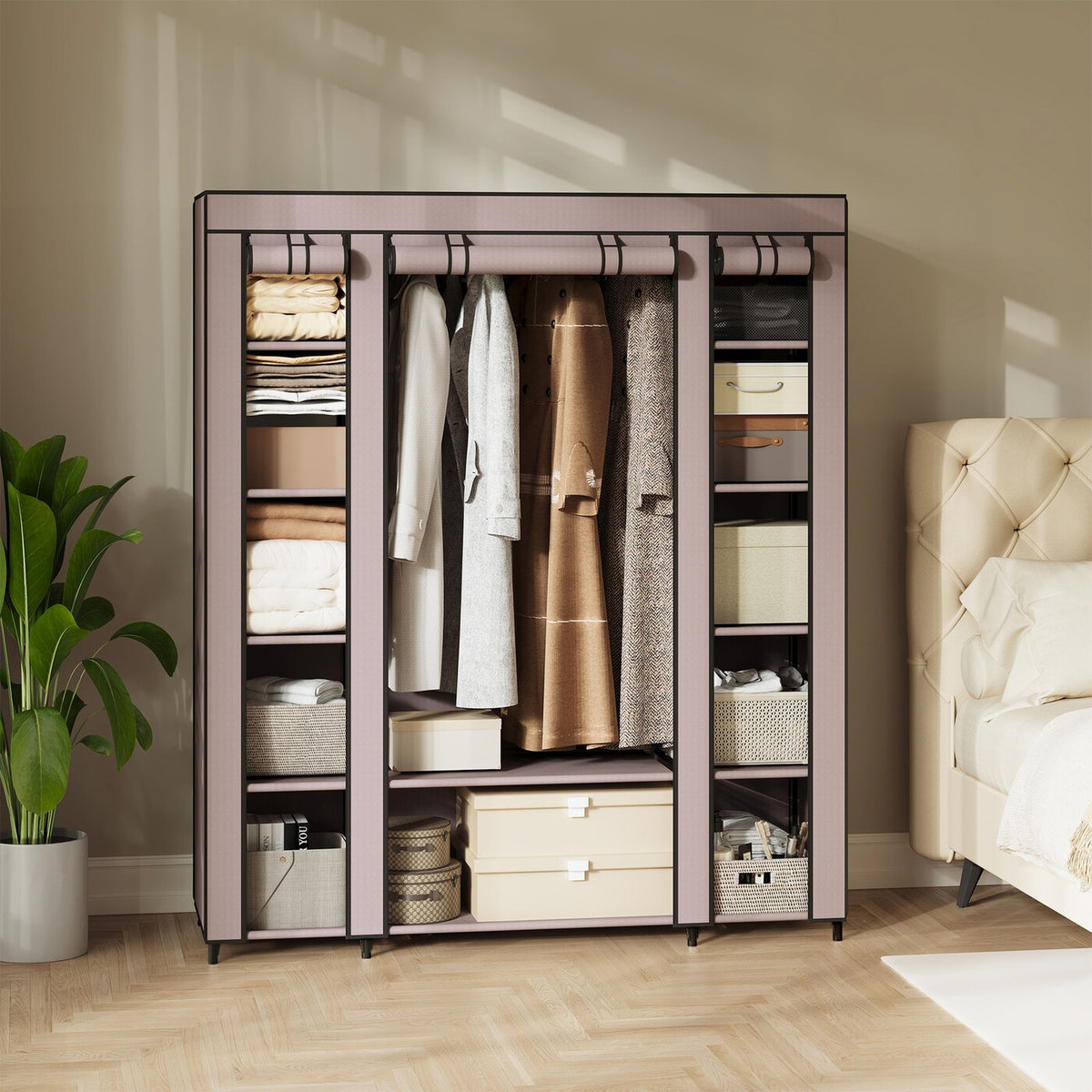 Armoire en tissu avec housse, penderie de rangement, 12 compartiments, cadre en métal pour chambre 45 x 150 x 175 cm 
Gris ou violet