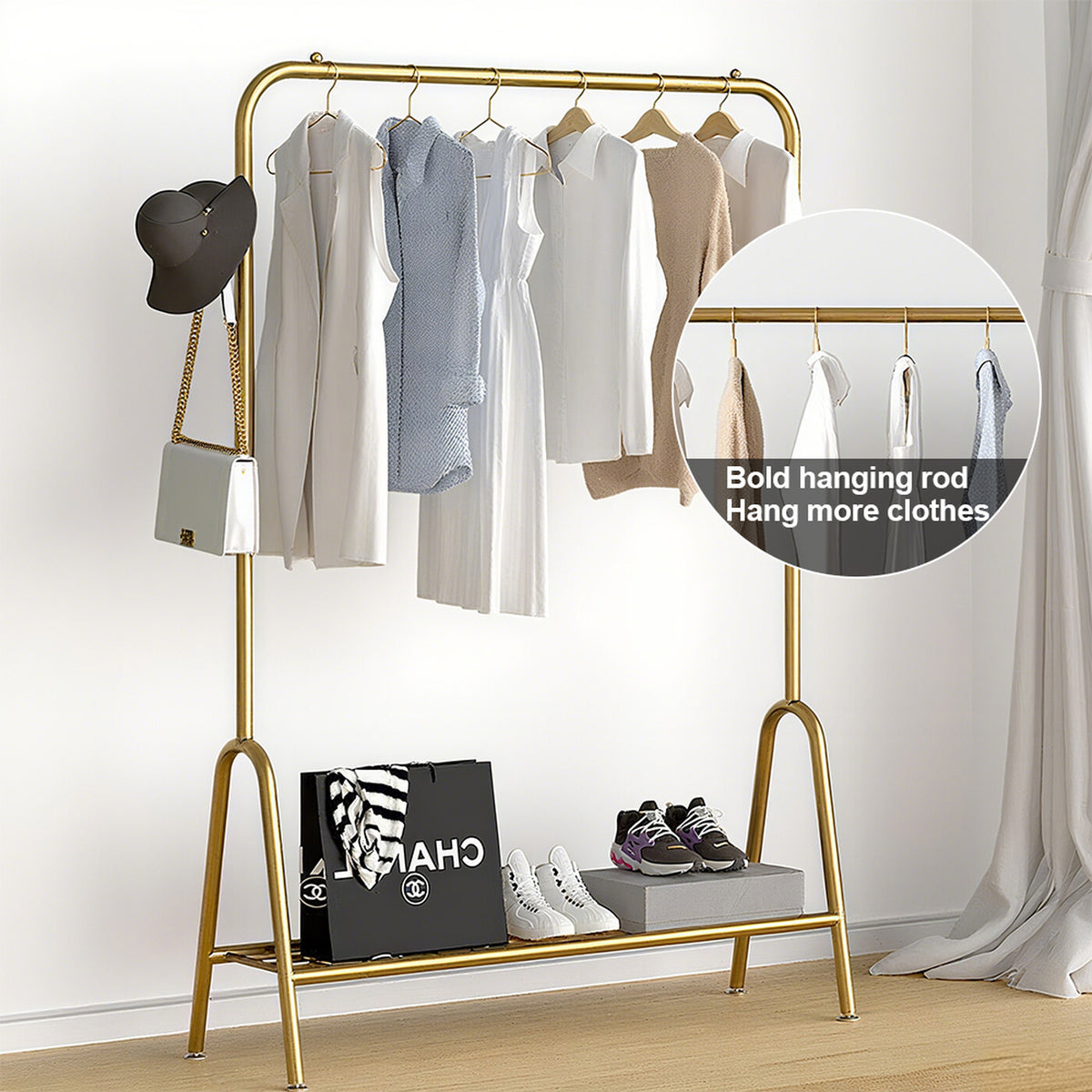 Portant à vêtements sur pied à poteau unique pour chambre et balcon, finition or luxueux, 100 cm