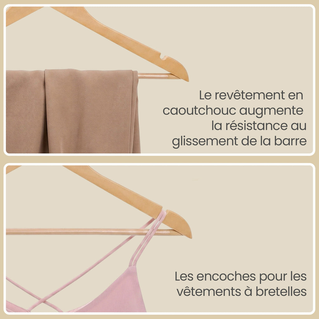 Cintres en bois, lot de 20, cintres en bois massif, avec encoches, antidérapants, crochet pivotant à 360°, pour costumes et chemises, couleur bois et rose doré