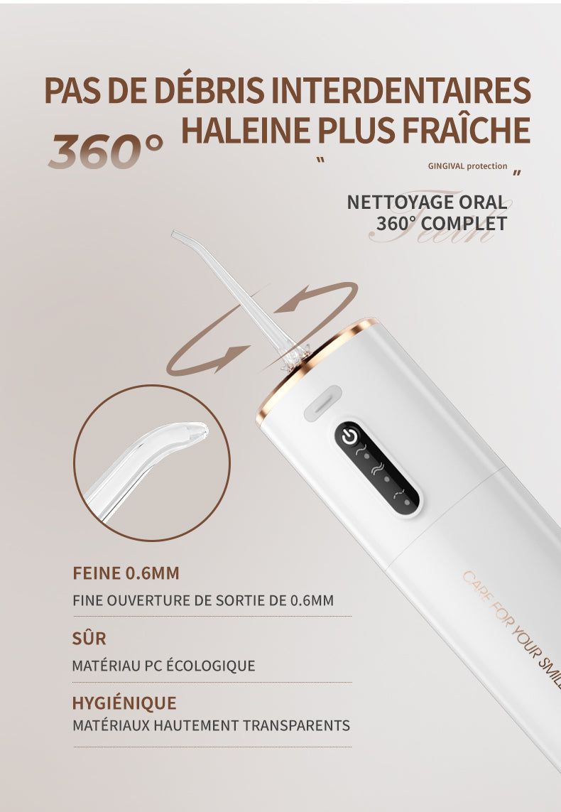Hydropulseur dentaire électrique, réservoir d'eau 280 ml, batterie 1200 mAh - Blanc