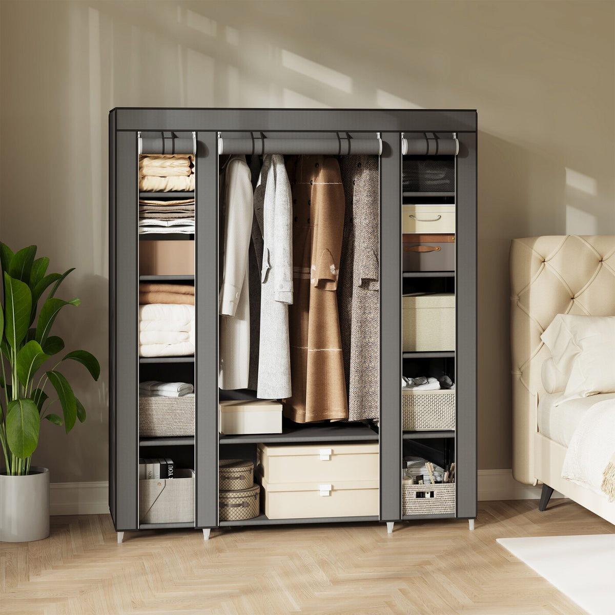 Armoire en tissu avec housse, penderie de rangement, 12 compartiments, cadre en métal pour chambre 45 x 150 x 175 cm 
Gris ou violet