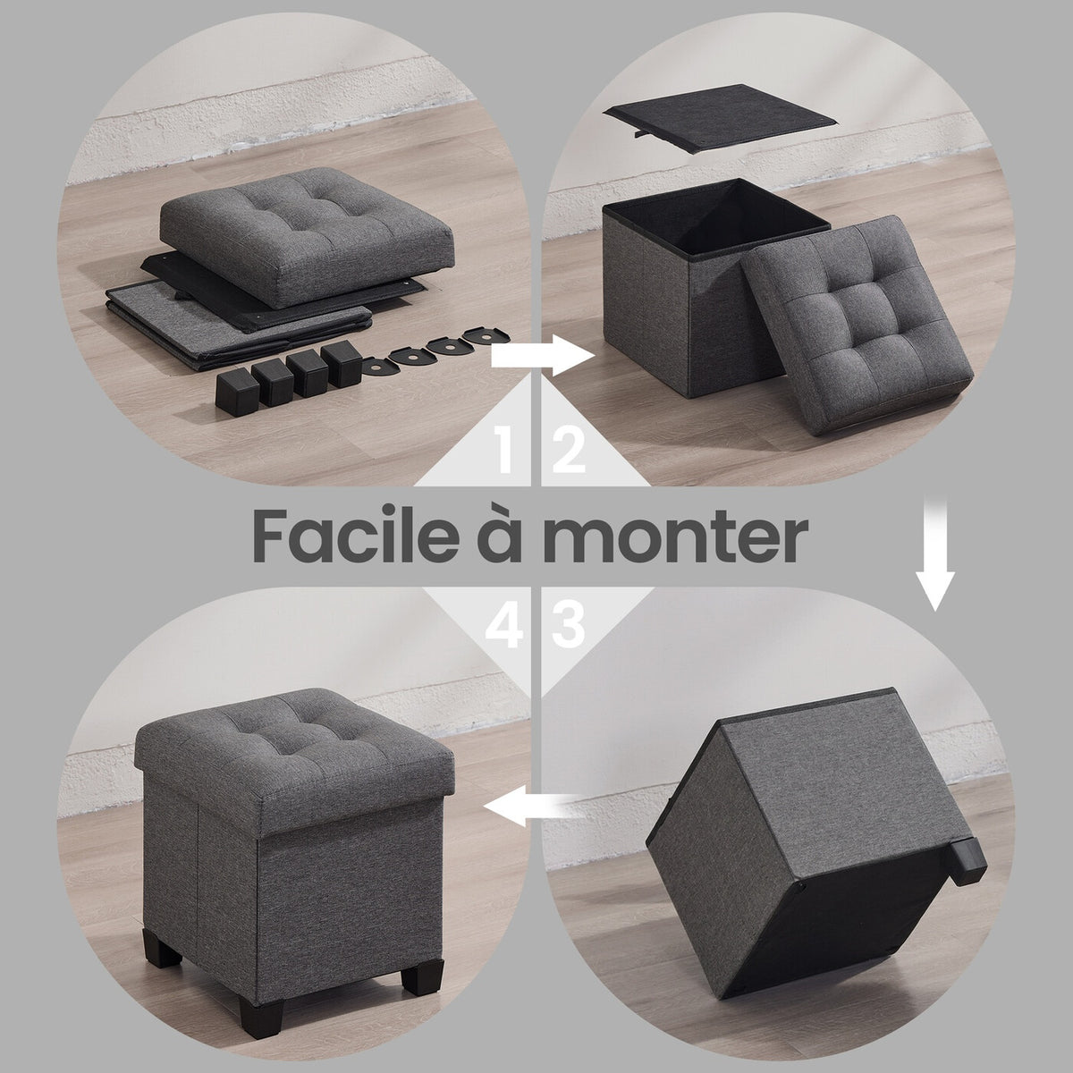 Pouf pliable gris ardoise – 38 x 38 x 40 cm, petit repose-pieds et tabouret de rangement, supporte 300 kg – compact pour salon, chambre ou dortoir