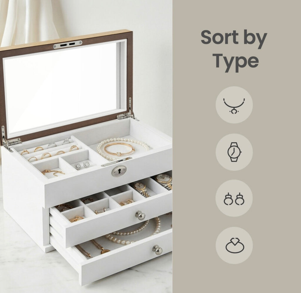 Boîte à Bijoux à 3 Niveaux avec Grand Miroir, 2 Tiroirs, Fermeture à Clé, Cadeau Idéal pour Vos Proches, pour Bagues, Boucles d'Oreilles, Bracelets et Colliers, Coloris Blanc et Effet Bois