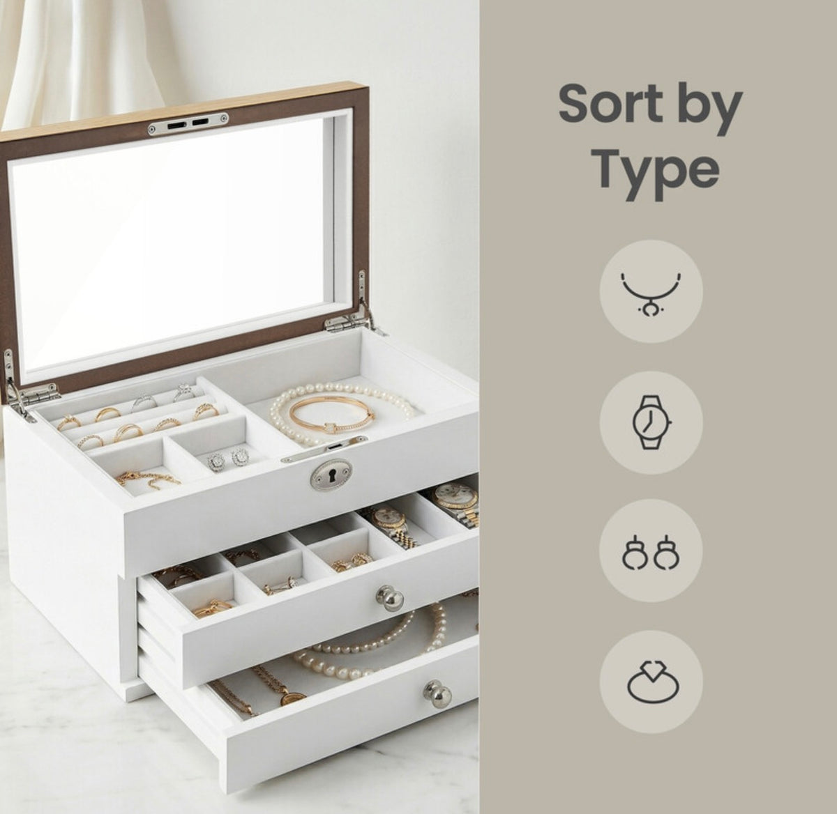 Boîte à Bijoux à 3 Niveaux avec Grand Miroir, 2 Tiroirs, Fermeture à Clé, Cadeau Idéal pour Vos Proches, pour Bagues, Boucles d'Oreilles, Bracelets et Colliers, Coloris Blanc et Effet Bois
