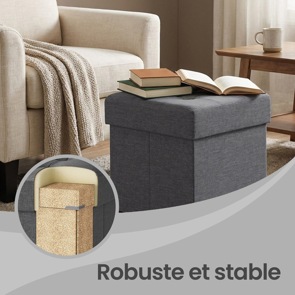 Pouf pliable gris ardoise – 38 x 38 x 40 cm, petit repose-pieds et tabouret de rangement, supporte 300 kg – compact pour salon, chambre ou dortoir
