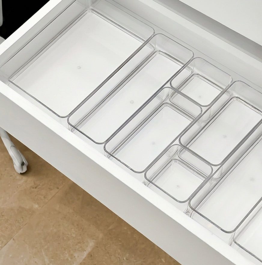 Lot de 15 ou 28 Organisateurs de Tiroirs, 4 Tailles, Boîtes Transparentes en Plastique pour Rangement de Salle de Bain, Coiffeuse, Ustensiles de Cuisine et Maquillage