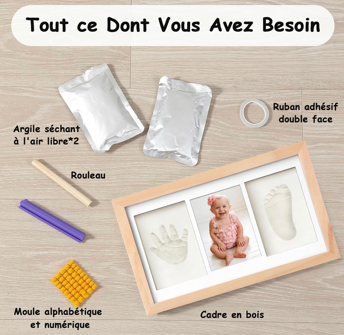 Cadre Empreinte Main Pied Bebe avec Argile, Kit Empreinte Bebe avec NOM pour Cadeau Bebe Naissance, Cadre Empreinte Bébé avec Argile Anti-Fissuration