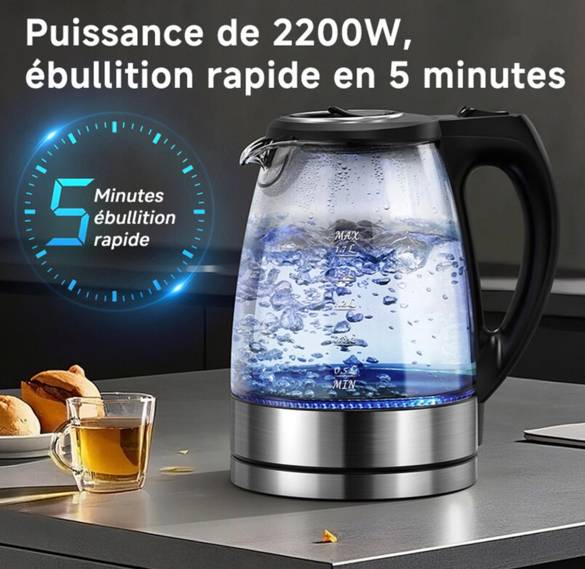 Bouilloire électrique en verre borosilicate 1,7 L, ébullition rapide à haute puissance de 2200 W, base en acier inoxydable 304, base rotative à 360°