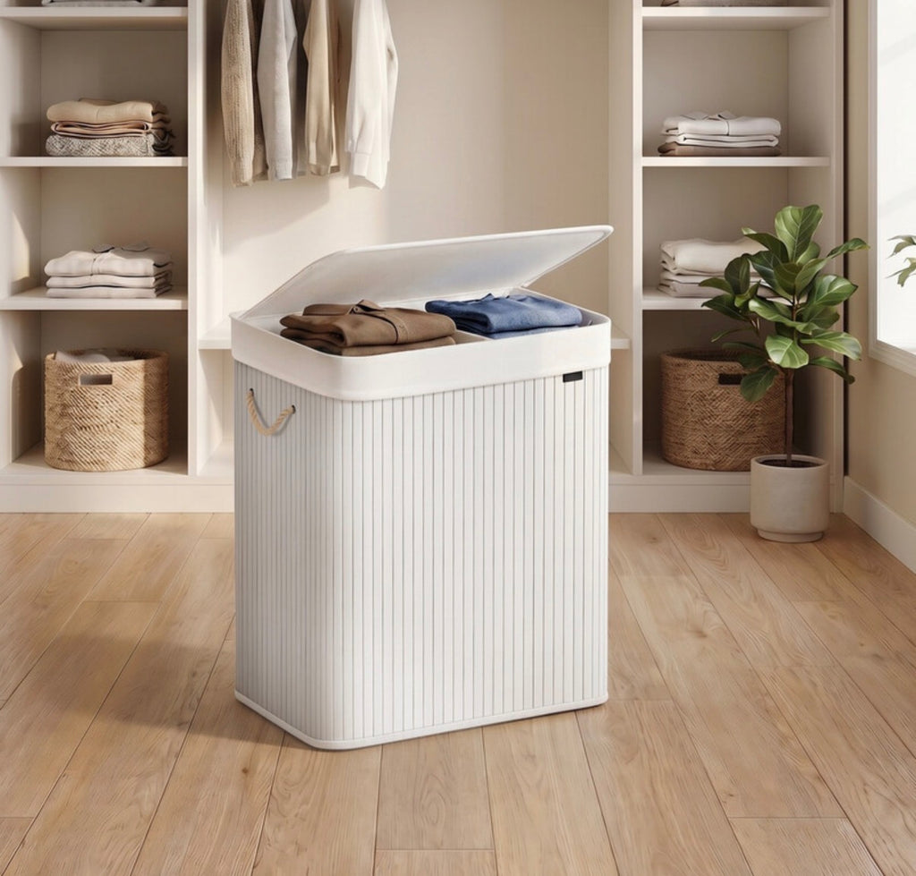 Grand panier à linge en bambou, panier à linge pliable à 2 compartiments avec couvercle, blanc ou bois
