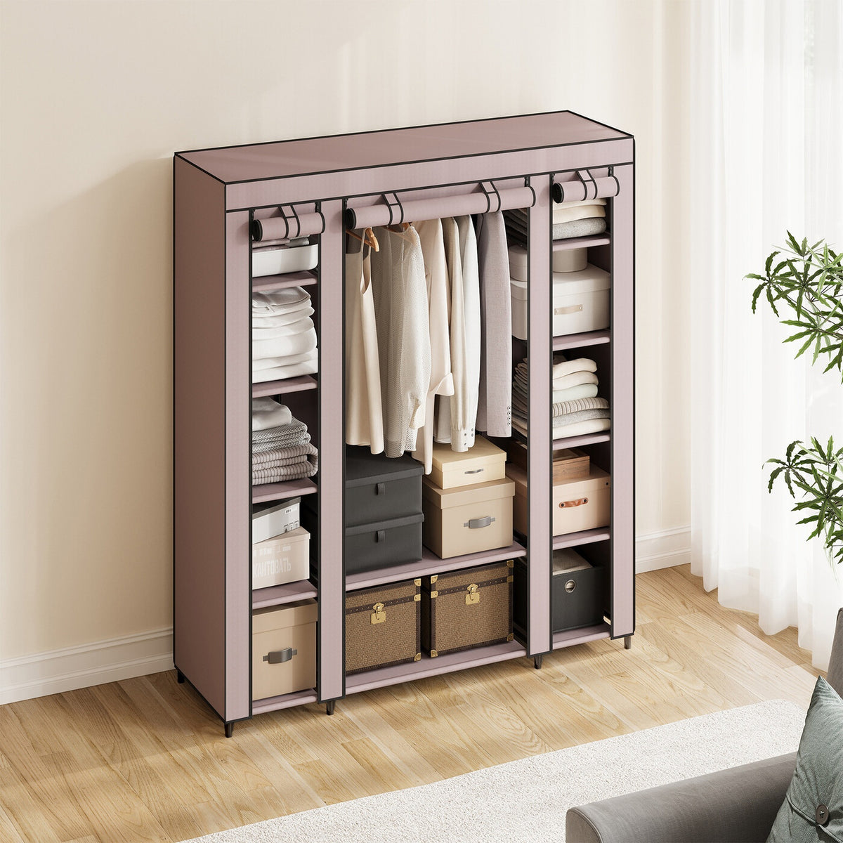 Armoire en tissu avec housse, penderie de rangement, 12 compartiments, cadre en métal pour chambre 45 x 150 x 175 cm 
Gris ou violet
