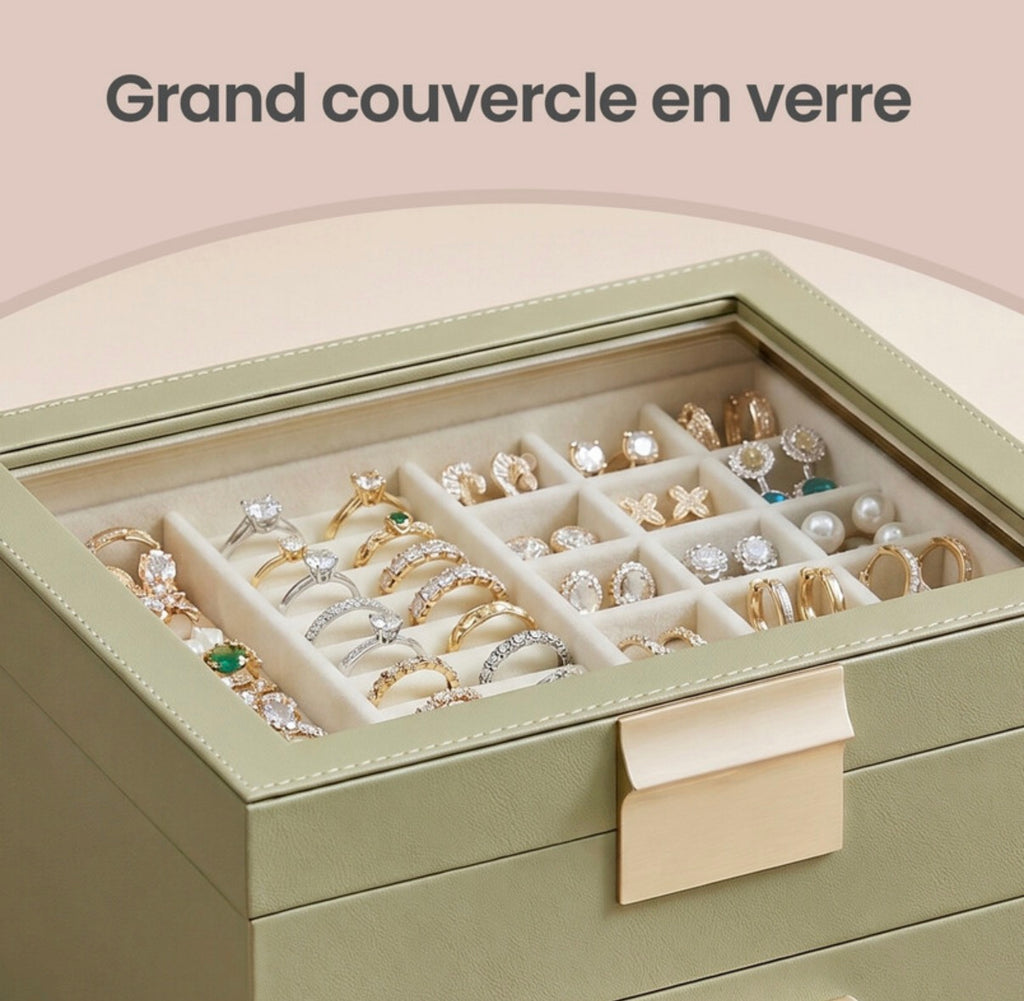 Boîte à bijoux avec couvercle en verre - Vert Sauge & Or, 3 niveaux, 2 tiroirs, organiseur de rangement moderne, taille 20,3 x 23,1 x 13,5 cm