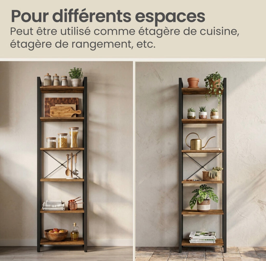 Bibliothèque à 6 Niveaux, Étagère de Rangement pour Bureau, Salle d'Etude, Salon et Chambre, 30 x 40 x 187,5 cm, Style Industriel, Marron Rustique et Noir