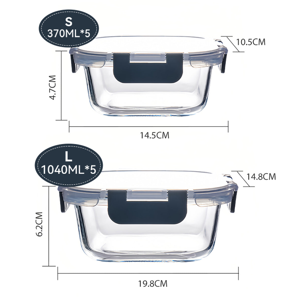 Lot de 10 contenants alimentaires noirs à fermeture à clip, Verre à haute teneur en borosilicate (1040 ml x 5 + 370 ml x 5), Couvercles hermétiques, Lot de boîtes repas de bureau