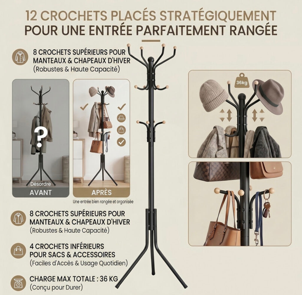 Portemanteau sur pied en métal, avec 12 crochets pour entrée, vêtements et chapeaux, noir