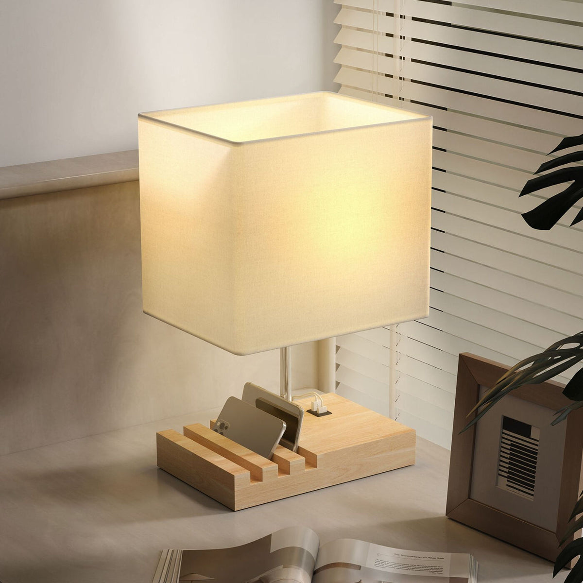 Lampe de chevet avec USB A+C, 3 supports pour téléphone, base en bois massif et abat-jour en tissu, culot E27, pour salon et chambre, ampoules non incluses, blanc