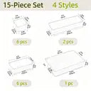 Lot de 15 Organisateurs de Tiroirs, 4 Tailles, Boîtes Transparentes en Plastique pour Rangement de Salle de Bain, Coiffeuse, Ustensiles de Cuisine et Maquillage