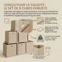 Cubes de rangement en tissu kaki clair – Lot de 6 boîtes pliables avec poignées, 30 x 30 x 30 cm, parfaits pour les étagères cubiques – non-tissé, parfaits pour les vêtements et l’organisation des placards