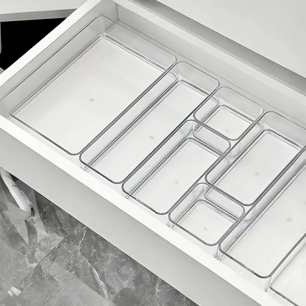 Lot de 15 Organisateurs de Tiroirs, 4 Tailles, Boîtes Transparentes en Plastique pour Rangement de Salle de Bain, Coiffeuse, Ustensiles de Cuisine et Maquillage