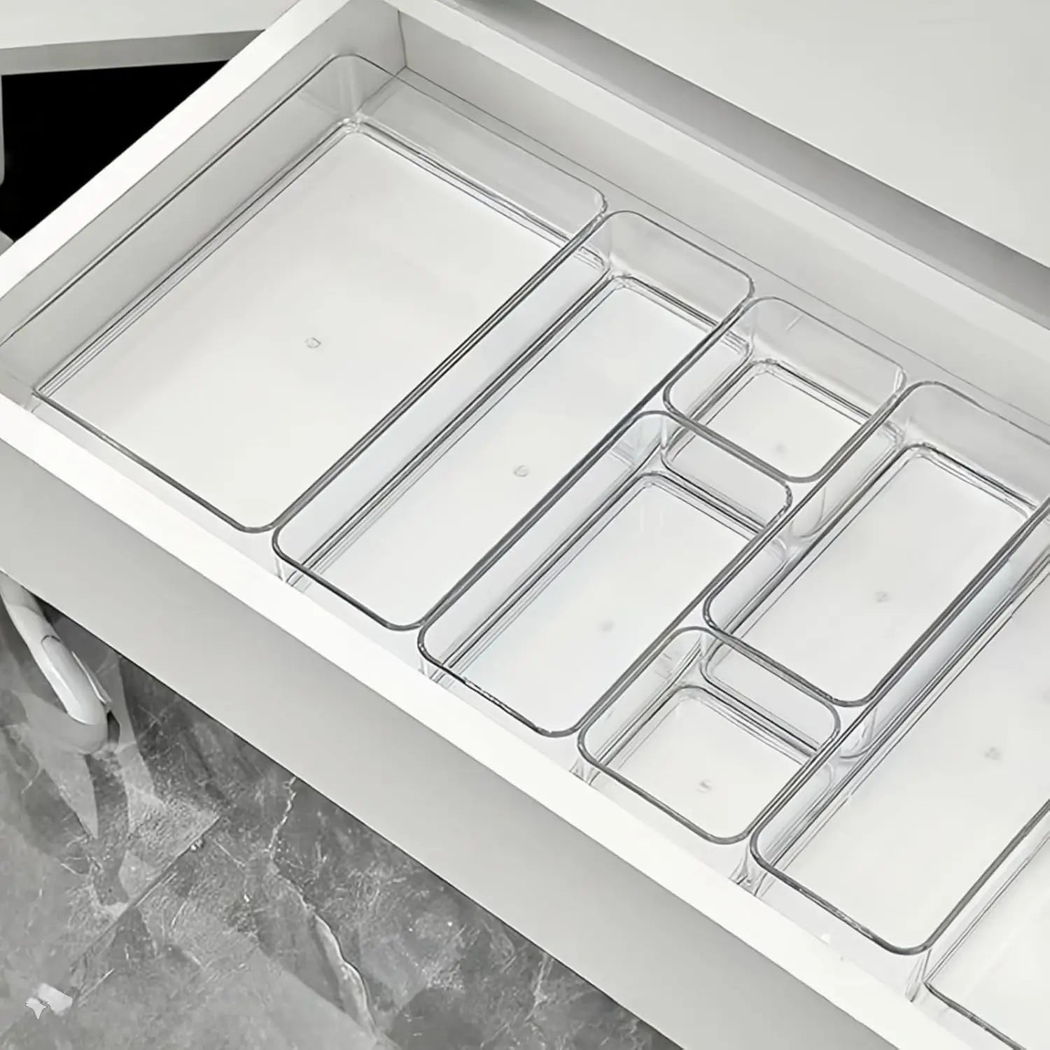 Lot de 15 Organisateurs de Tiroirs, 4 Tailles, Boîtes Transparentes en Plastique pour Rangement de Salle de Bain, Coiffeuse, Ustensiles de Cuisine et Maquillage
