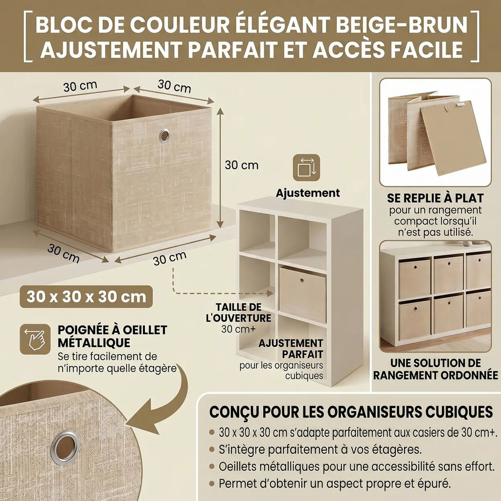 Cubes de rangement en tissu kaki clair – Lot de 6 boîtes pliables avec poignées, 30 x 30 x 30 cm, parfaits pour les étagères cubiques – non-tissé, parfaits pour les vêtements et l’organisation des placards