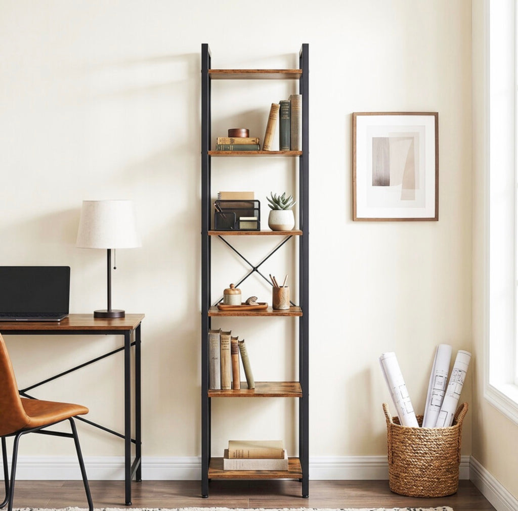 Bibliothèque à 6 Niveaux, Étagère de Rangement pour Bureau, Salle d'Etude, Salon et Chambre, 30 x 40 x 187,5 cm, Style Industriel, Marron Rustique et Noir