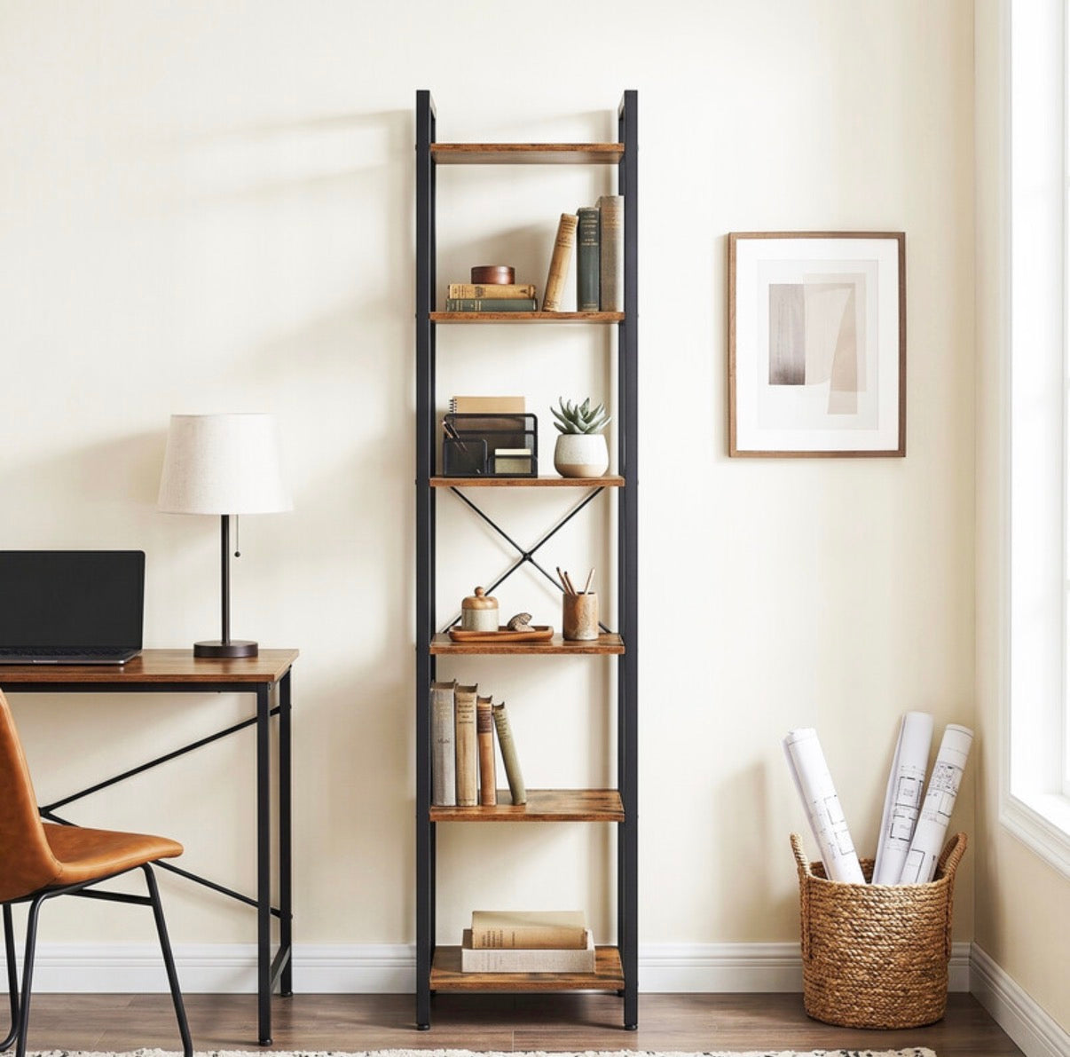 Bibliothèque à 6 Niveaux, Étagère de Rangement pour Bureau, Salle d'Etude, Salon et Chambre, 30 x 40 x 187,5 cm, Style Industriel, Marron Rustique et Noir