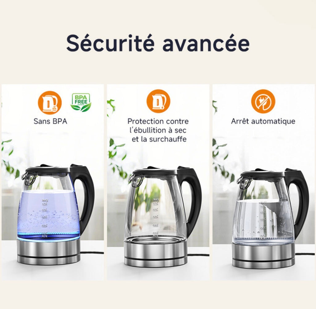 Bouilloire électrique en verre borosilicate 1,7 L, ébullition rapide à haute puissance de 2200 W, base en acier inoxydable 304, base rotative à 360°
