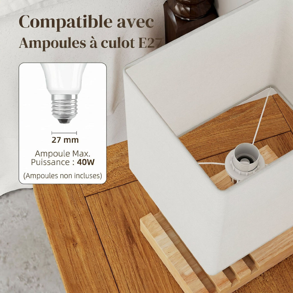 Lampe de chevet avec USB A+C, 3 supports pour téléphone, base en bois massif et abat-jour en tissu, culot E27, pour salon et chambre, ampoules non incluses, blanc