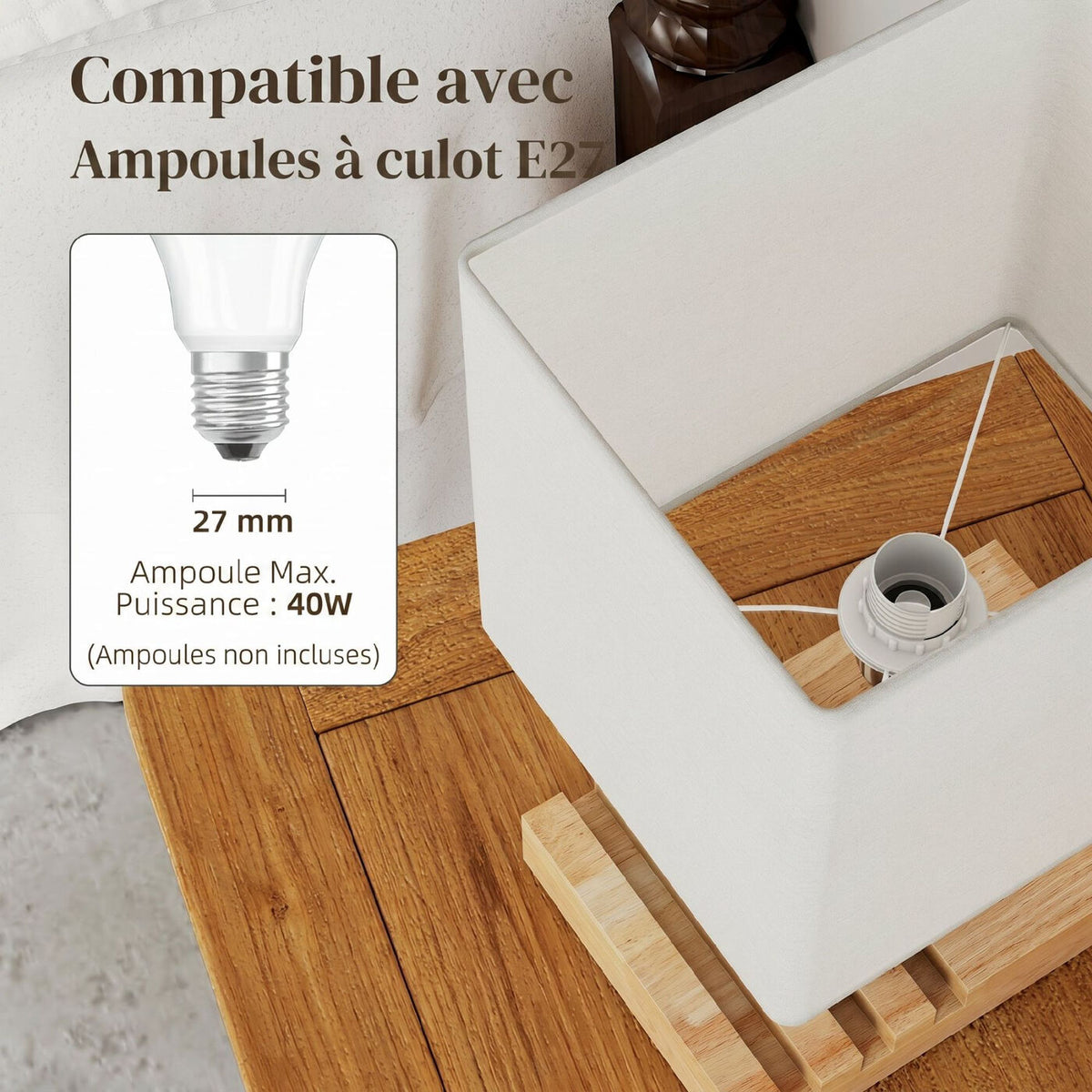 Lampe de chevet avec USB A+C, 3 supports pour téléphone, base en bois massif et abat-jour en tissu, culot E27, pour salon et chambre, ampoules non incluses, blanc