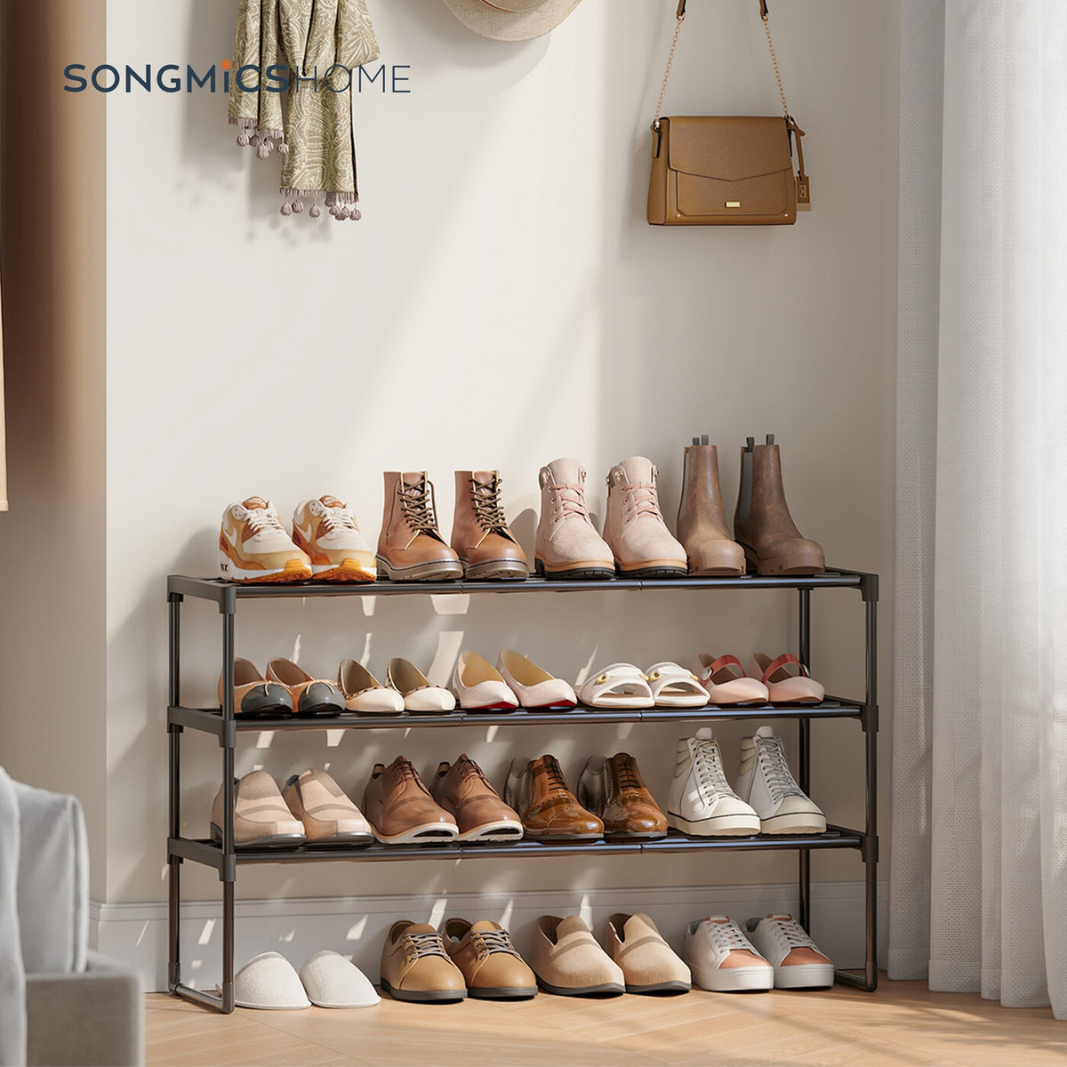 Étagère à chaussures en métal 3 niveaux noire – Étroite et empilable, 30 x 92 x 55 cm, Contient 16-20 paires – Organisateur peu encombrant pour entrée, placard ou salon