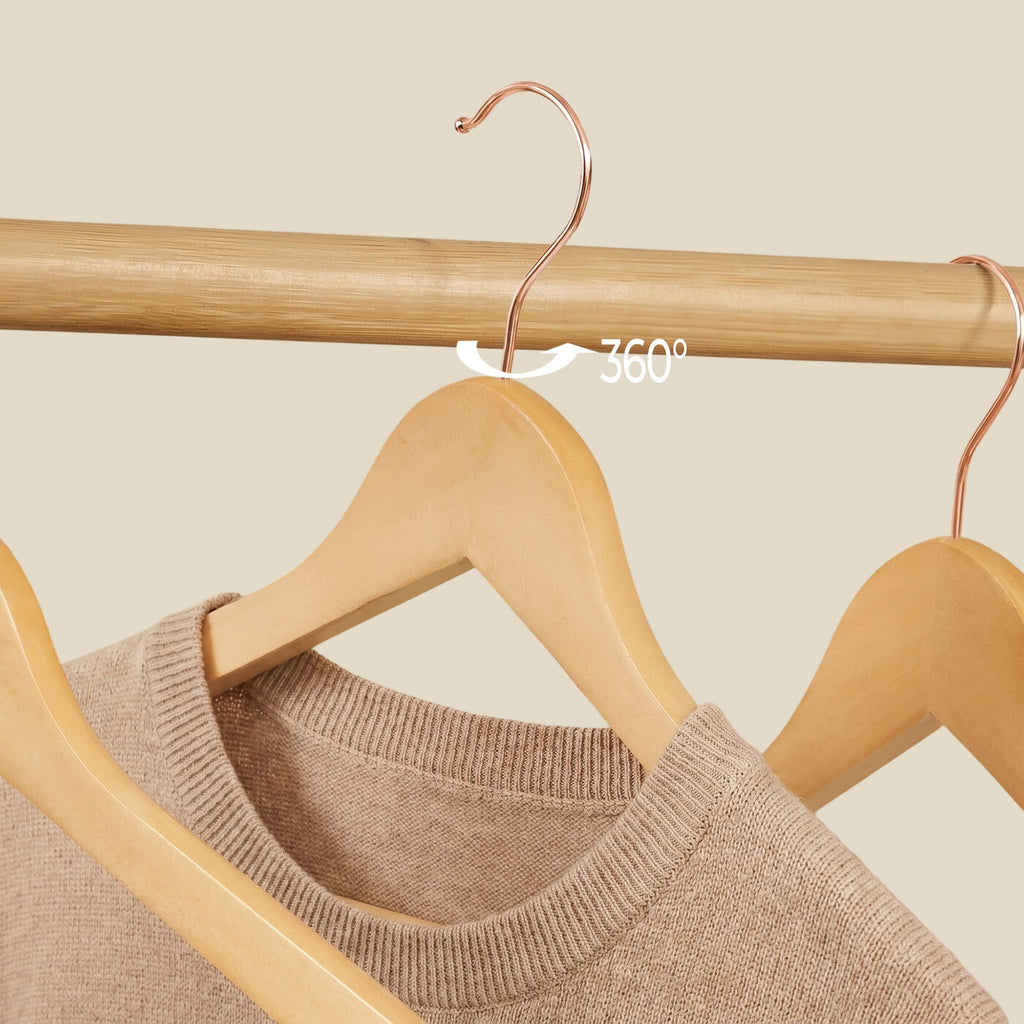 Cintres en bois, lot de 20, cintres en bois massif, avec encoches, antidérapants, crochet pivotant à 360°, pour costumes et chemises, couleur bois et rose doré