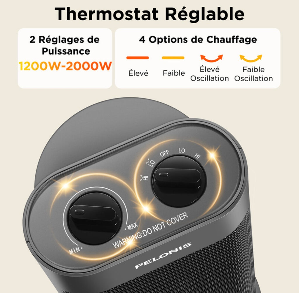 chauffage soufflant céramique PTC 2000 W, chauffe rapide en 3 secondes, oscillation à 70°, arrêt en cas de basculement + protection contre la surchauffe, design portable, adapté à un espace d'environ 15㎡