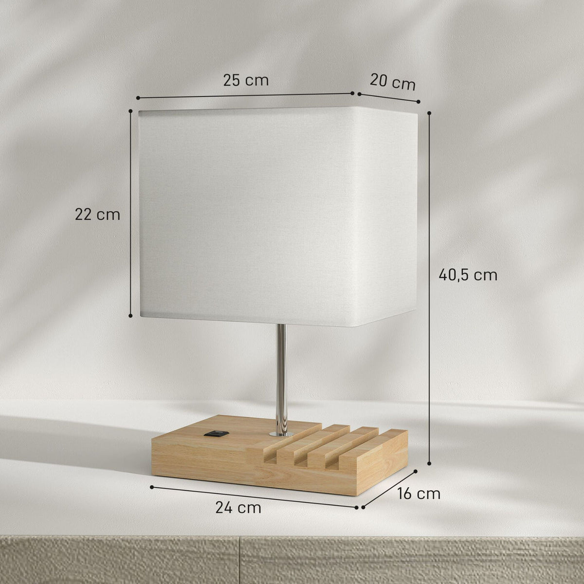 Lampe de chevet avec USB A+C, 3 supports pour téléphone, base en bois massif et abat-jour en tissu, culot E27, pour salon et chambre, ampoules non incluses, blanc