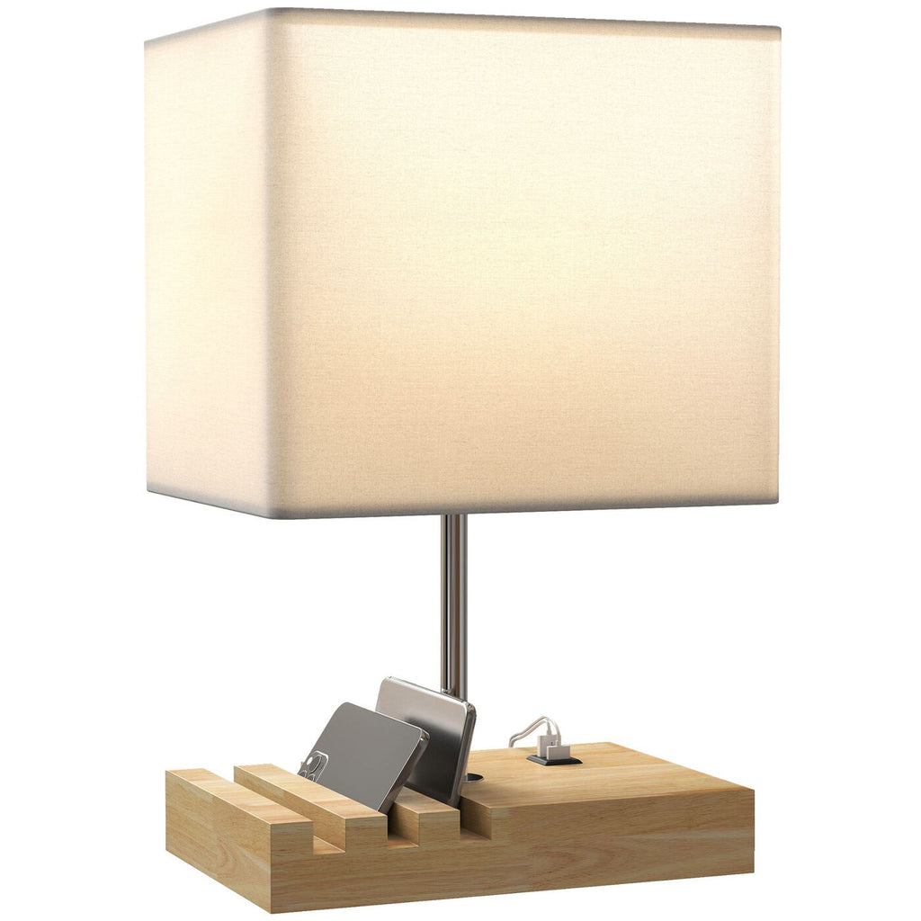 Lampe de chevet avec USB A+C, 3 supports pour téléphone, base en bois massif et abat-jour en tissu, culot E27, pour salon et chambre, ampoules non incluses, blanc
