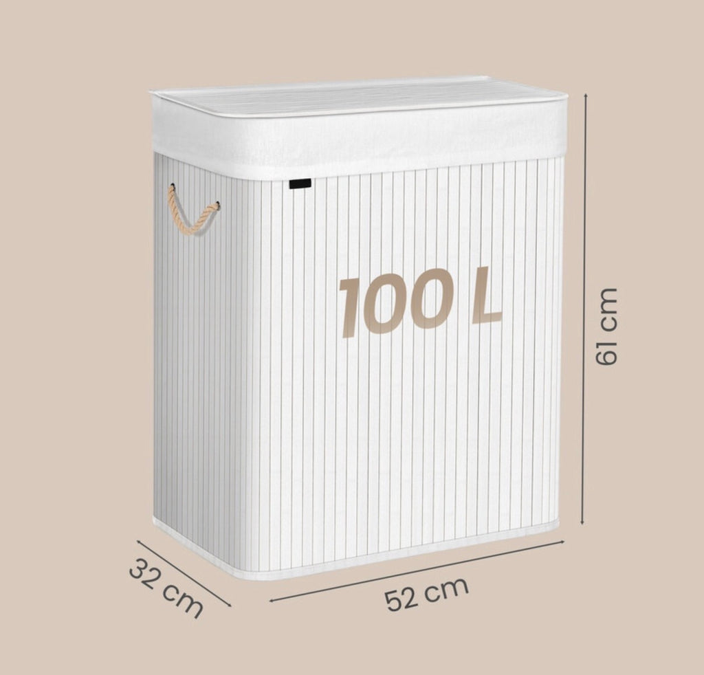 Grand panier à linge en bambou, panier à linge pliable à 2 compartiments avec couvercle, blanc ou bois