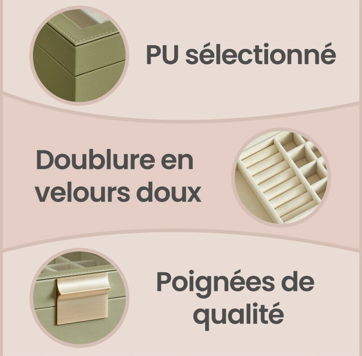 Boîte à bijoux avec couvercle en verre - Vert Sauge & Or, 3 niveaux, 2 tiroirs, organiseur de rangement moderne, taille 20,3 x 23,1 x 13,5 cm