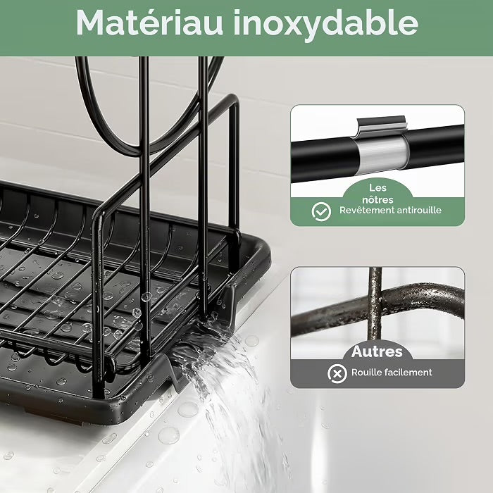 Egoutoire Vaisselle Cuisine Noir à 2 Niveaux en, INOX avec Porte-ustensiles et bac d'égouttement