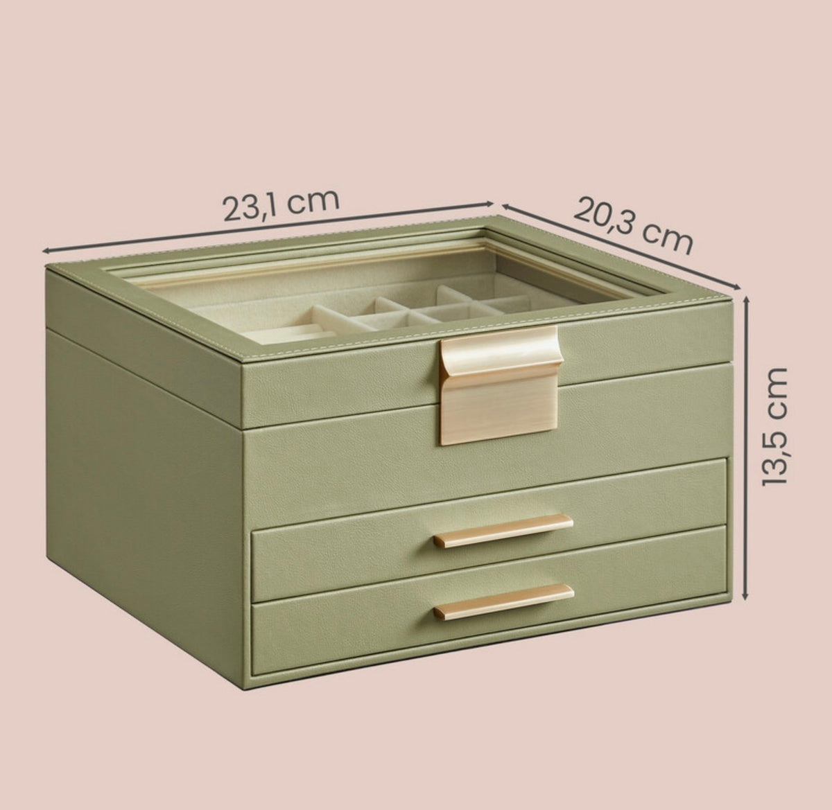 Boîte à bijoux avec couvercle en verre - Vert Sauge & Or, 3 niveaux, 2 tiroirs, organiseur de rangement moderne, taille 20,3 x 23,1 x 13,5 cm