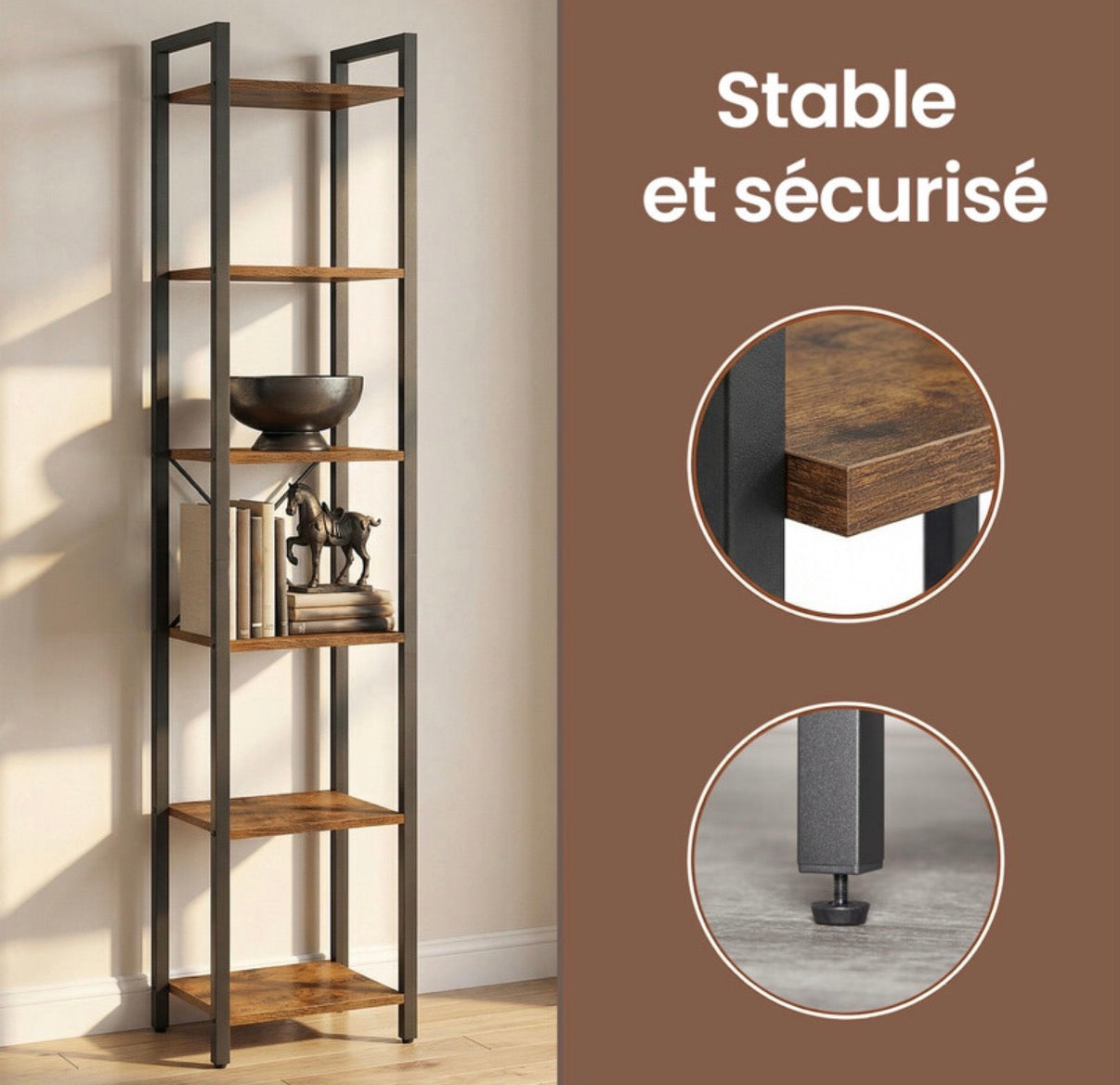 Bibliothèque à 6 Niveaux, Étagère de Rangement pour Bureau, Salle d'Etude, Salon et Chambre, 30 x 40 x 187,5 cm, Style Industriel, Marron Rustique et Noir