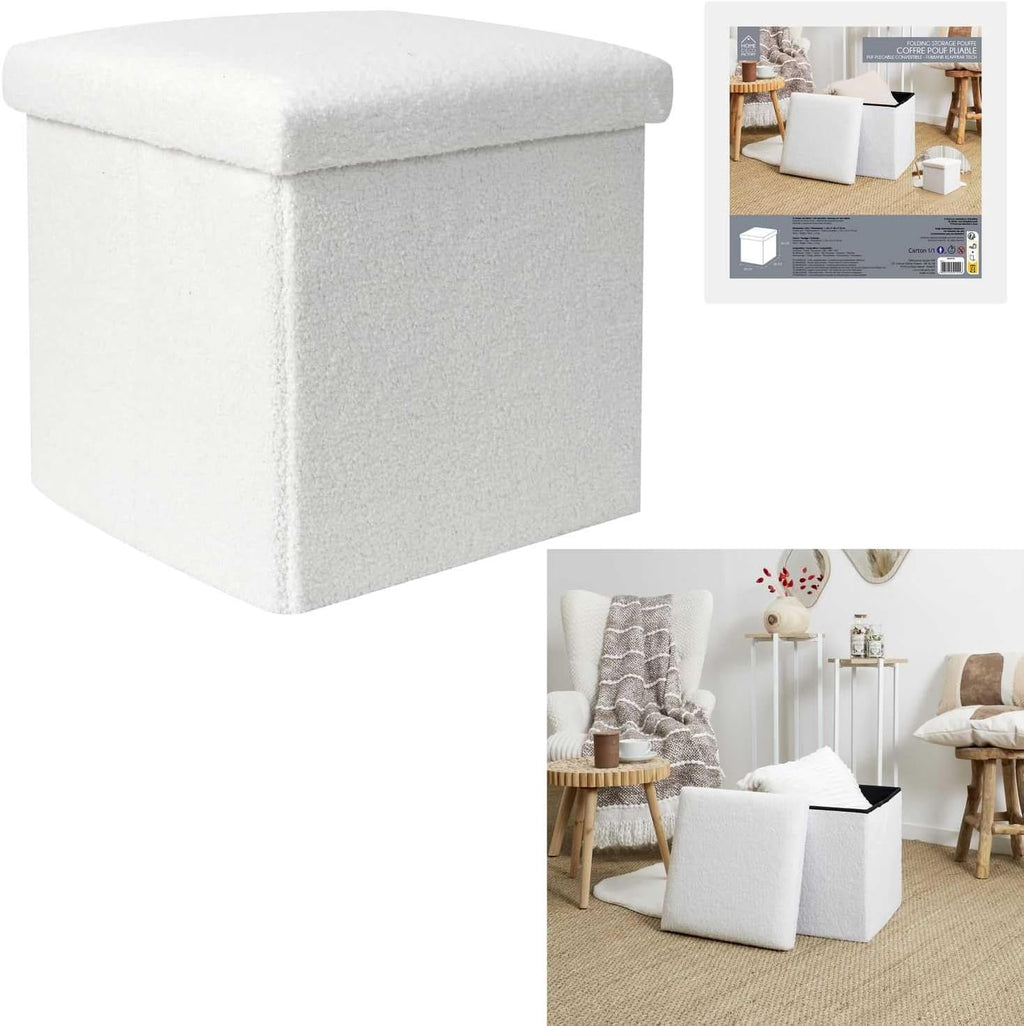 Home Deco Factory Coffre Pouf Pliable Bouclette Blanc
