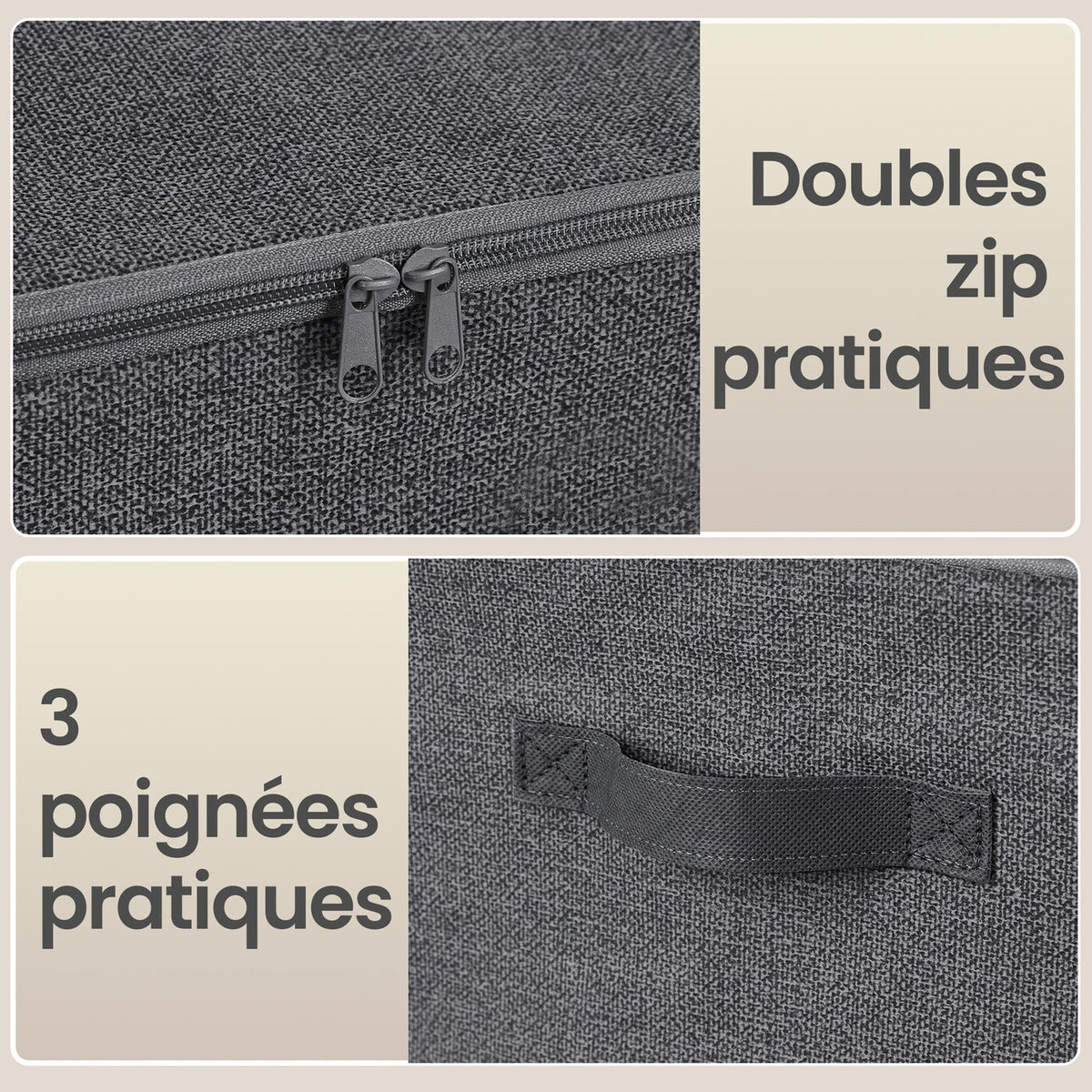 Boîtes de rangement pliables, lot de 6, organiseur de vêtements zippé avec couvercles solides et poignées renforcées, grande capacité de 30L par boîte, taille compacte 40x30x25cm, idéal pour placard, étagères, dortoir, voyage, Gris Foncé