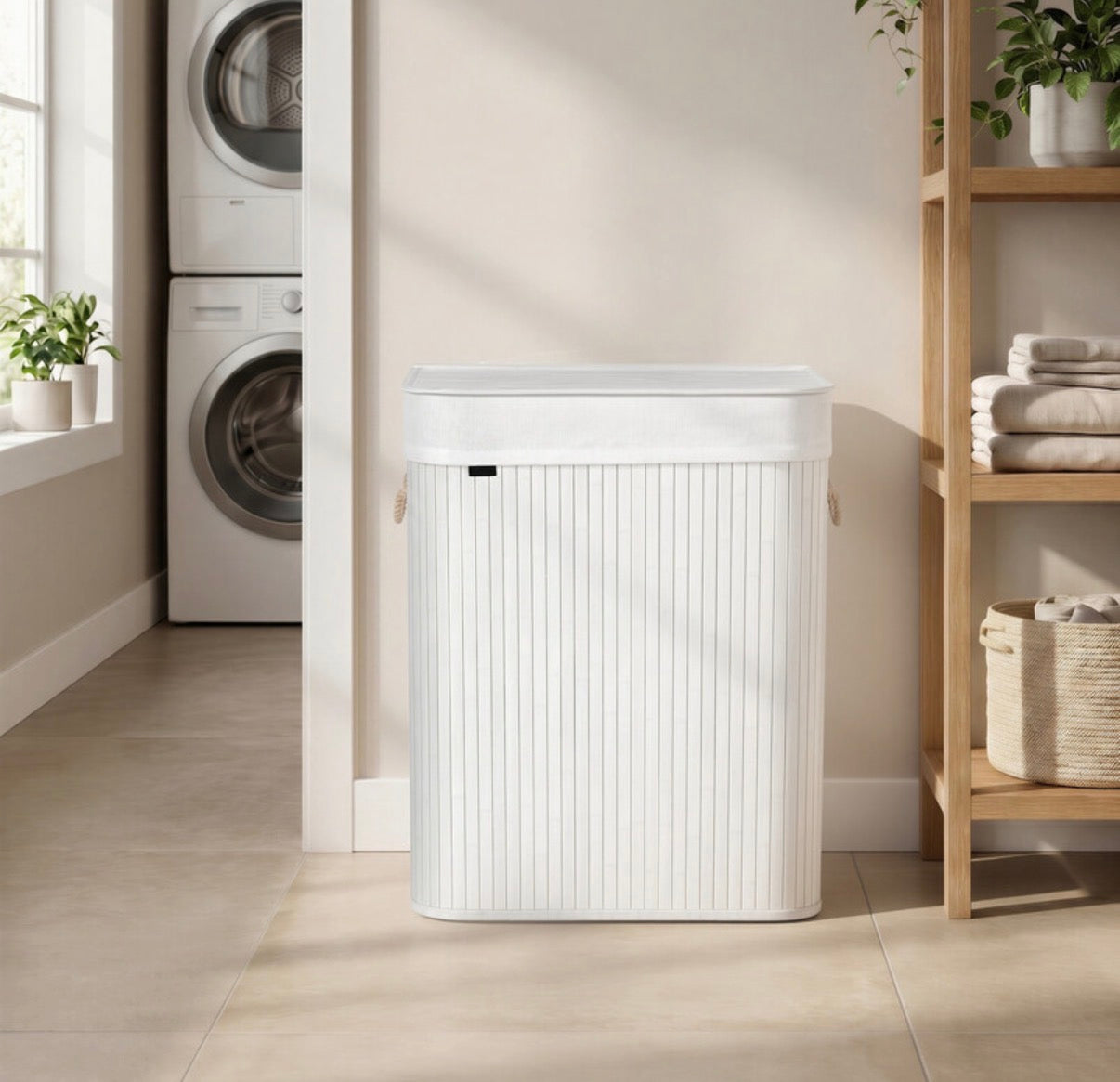 Grand panier à linge en bambou, panier à linge pliable à 2 compartiments avec couvercle, blanc ou bois