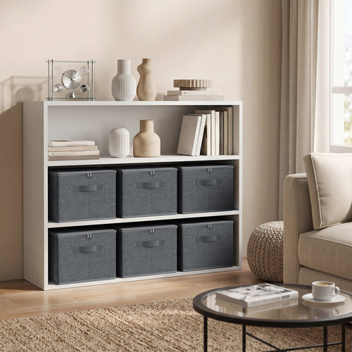 Boîtes de rangement pliables, lot de 6, organiseur de vêtements zippé avec couvercles solides et poignées renforcées, grande capacité de 30L par boîte, taille compacte 40x30x25cm, idéal pour placard, étagères, dortoir, voyage, Gris Foncé