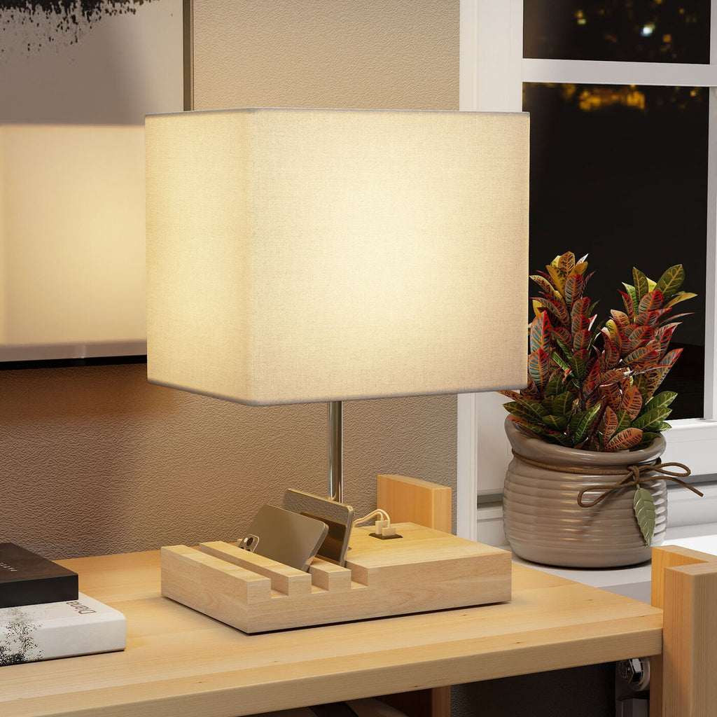 Lampe de chevet avec USB A+C, 3 supports pour téléphone, base en bois massif et abat-jour en tissu, culot E27, pour salon et chambre, ampoules non incluses, blanc