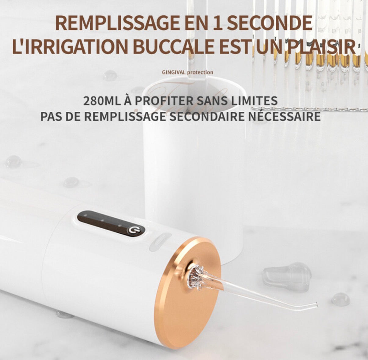 Hydropulseur dentaire électrique, réservoir d'eau 280 ml, batterie 1200 mAh - Blanc