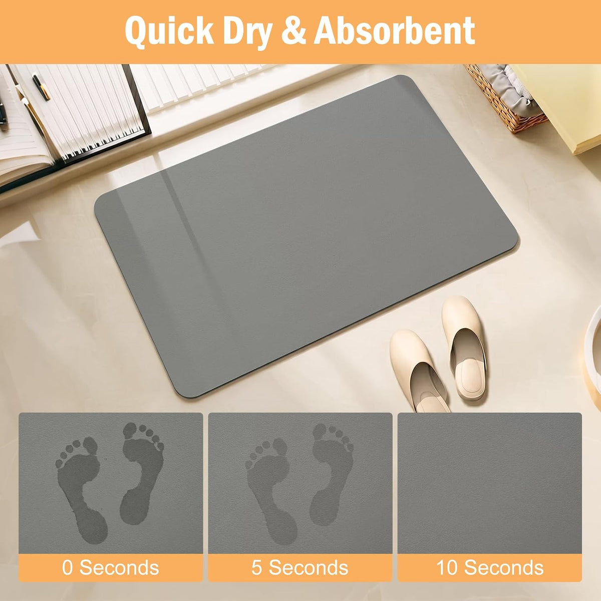 Tapis de Bain Absorbant Séchage Rapide en Caoutchouc Gris 40 x 60 cm