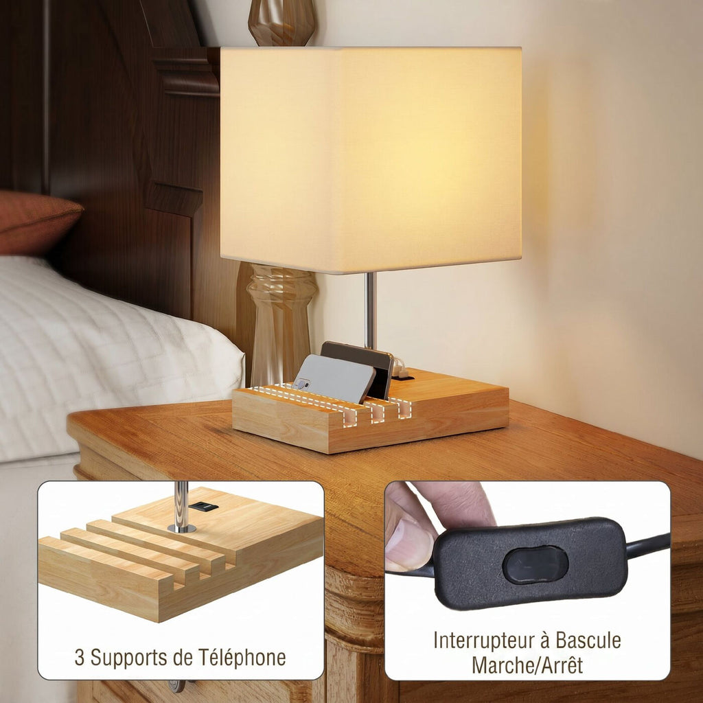 Lampe de chevet avec USB A+C, 3 supports pour téléphone, base en bois massif et abat-jour en tissu, culot E27, pour salon et chambre, ampoules non incluses, blanc