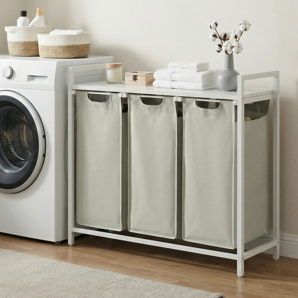 Panier à Linge à 3 Compartiments, Sac à Linge Amovible et Coulissant, Trieur de Vêtements avec Structure Métallique, 3 x 40 L, 92,5 x 33 x 72 cm, Blanc Crème et Blanc Mat