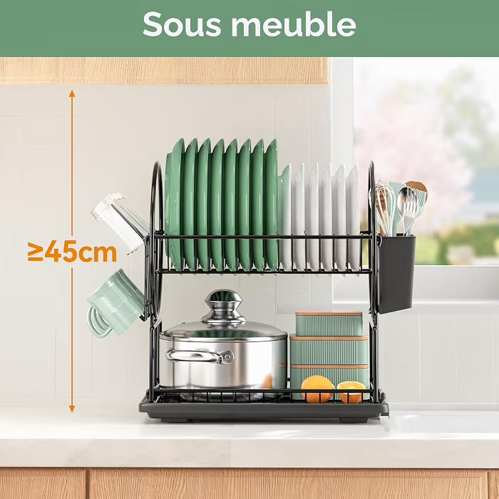 Egoutoire Vaisselle Cuisine Noir à 2 Niveaux en, INOX avec Porte-ustensiles et bac d'égouttement